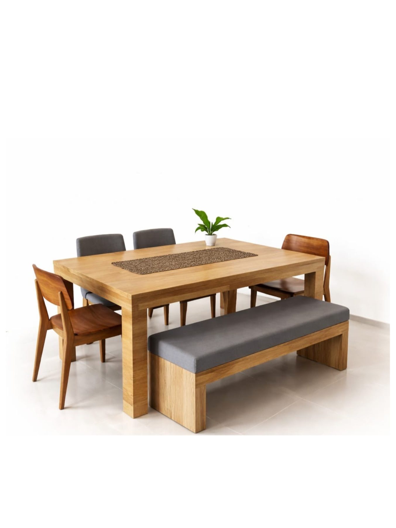 VANWOOD Monolith Oak Luxe Dining Table Set – Solid Wood with Upholstered Bench