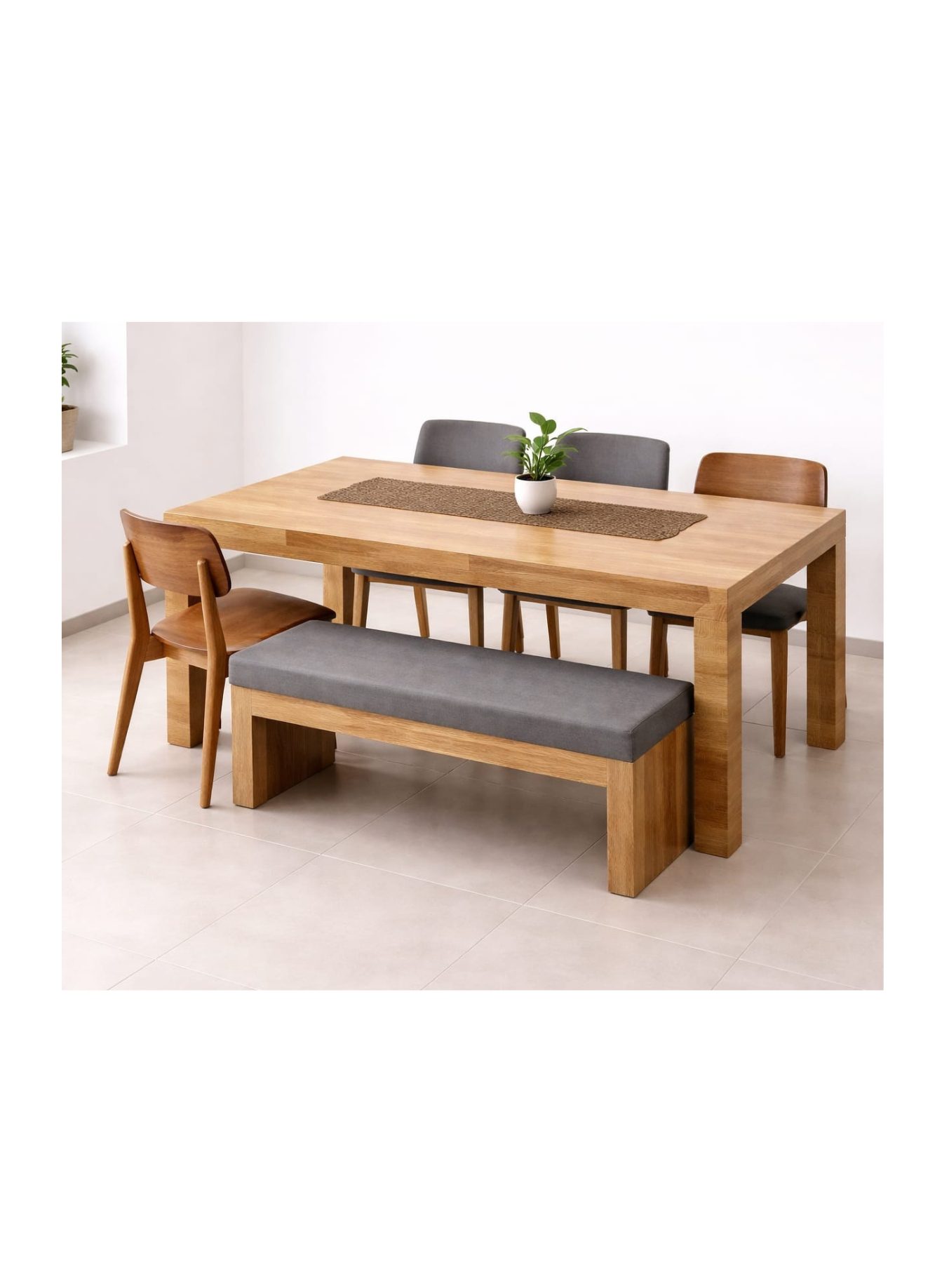 VANWOOD Monolith Oak Luxe Dining Table Set – Solid Wood with Upholstered Bench - Image 2