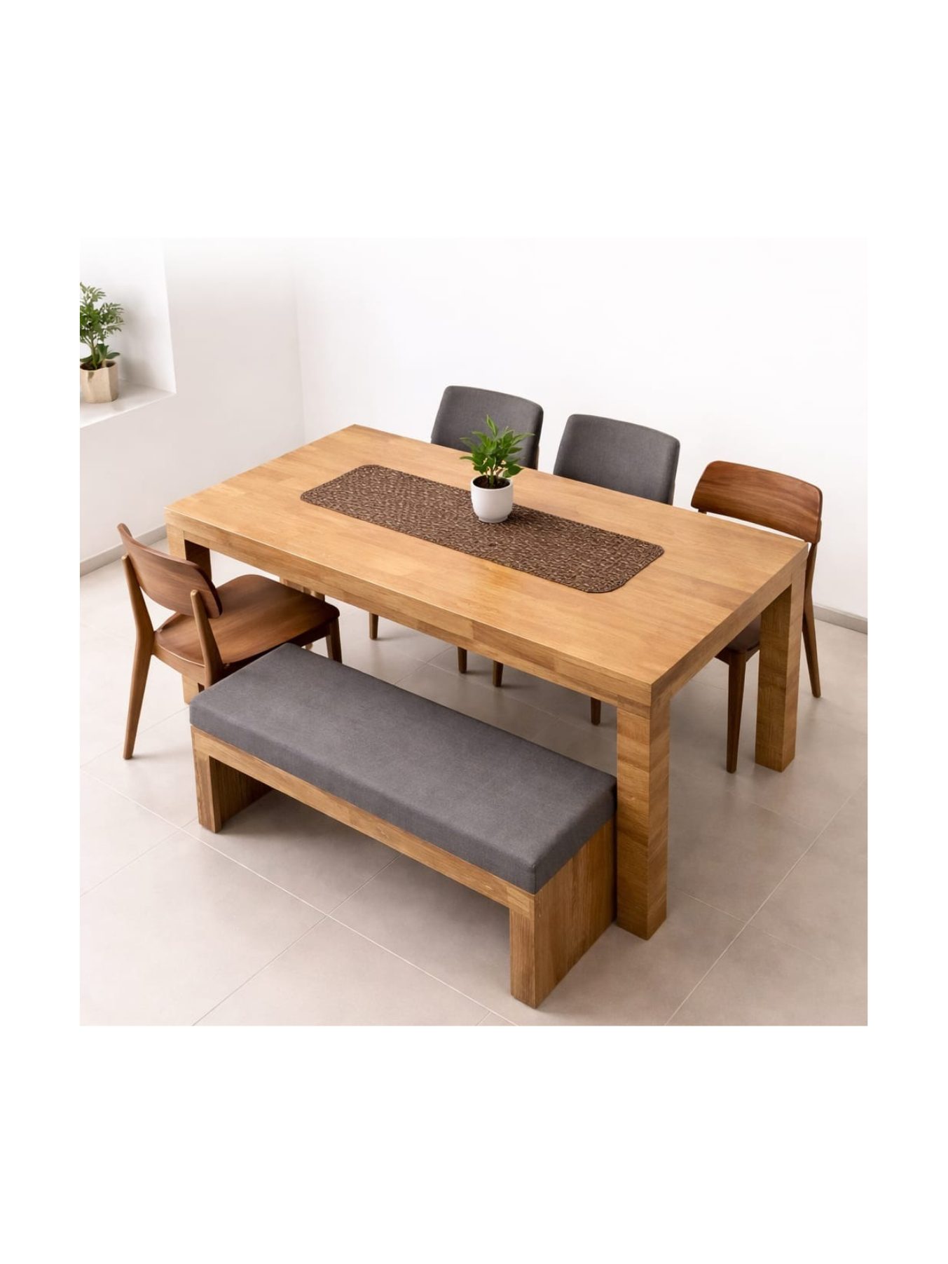 VANWOOD Monolith Oak Luxe Dining Table Set – Solid Wood with Upholstered Bench - Image 3