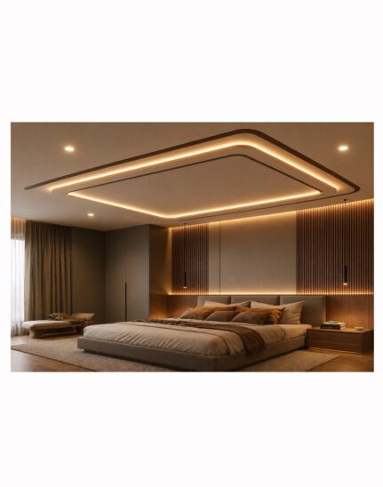 AETHERCORE floating gypsum ceiling with recessed LED cove lighting in modern luxury bedroom