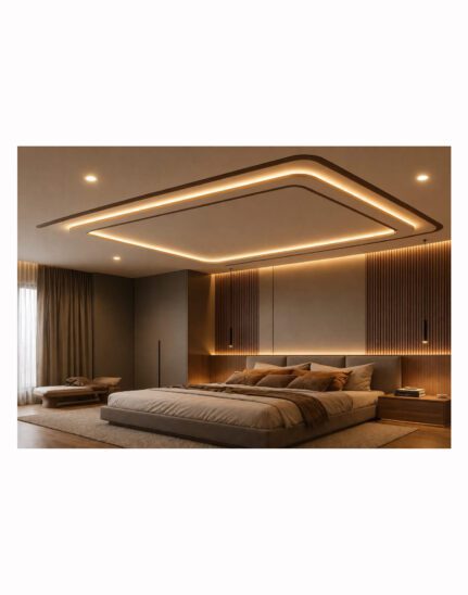 AETHERCORE floating gypsum ceiling with recessed LED cove lighting in modern luxury bedroom
