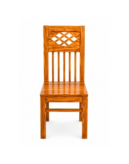 VANWOOD Aristo Lattice solid teak wood dining chair with glossy honey finish, diamond cut-out backrest, and vertical wooden slats
