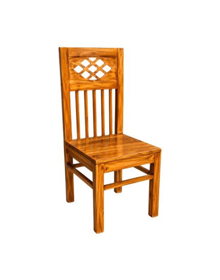 VANWOOD Aristo Lattice solid teak wood dining chair with glossy honey finish, diamond cut-out backrest, and vertical wooden slats