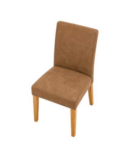 VANWOOD Elara brown upholstered dining chair with high padded backrest, cushioned seat, natural wooden legs, and modern luxury dining design
